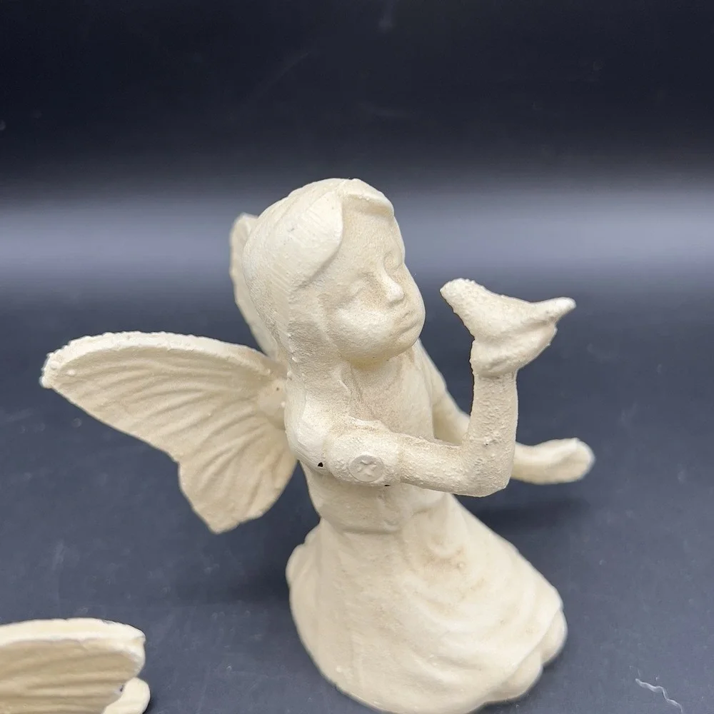 Vintage CAST IRON FAIRY WITH BIRD ON HAND & Playful Garden Fairy Cream Rustic